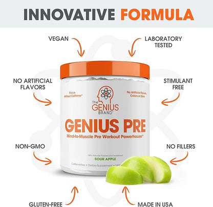 Genius Pre Workout Powder, Sour Apple - All-Natural Nootropic Pre-Workout & Caffeine-Free Nitric Oxide Booster Supplement with Beta Alanine & Alpha GPC - No Artificial Flavors, Sweeteners, or Dyes