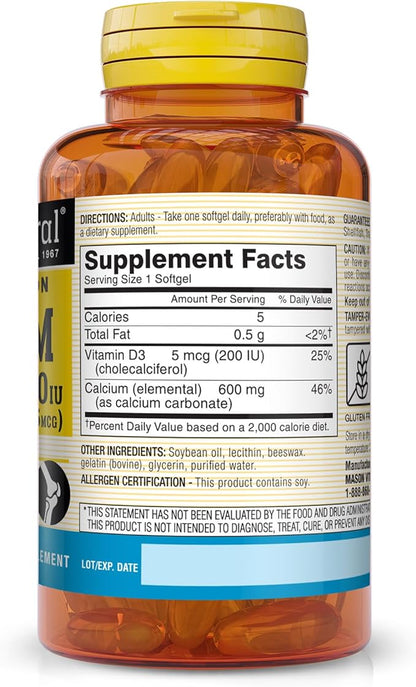 MASON NATURAL Fast Absorption Calcium with Vitamin D3 - Strengthens Muscle Function, Supports Healthy Bones and Overall Health, 60 Softgels