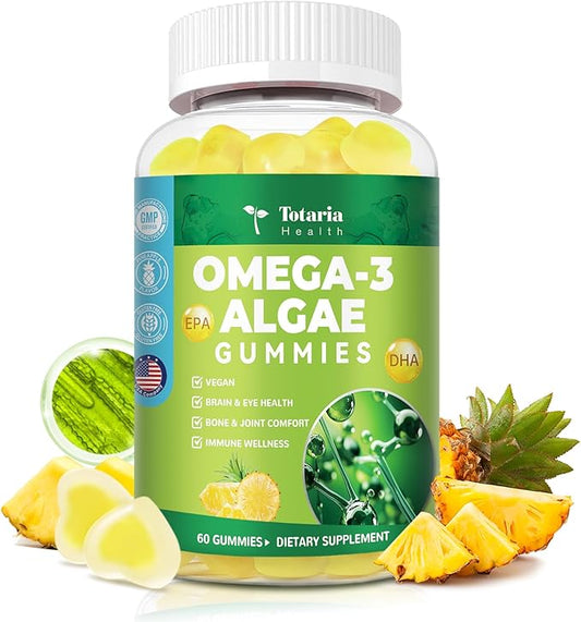 Vegan Algae Omega-3 Gummies with DHA 600mg, EPA 400mg, Phytosterols, Turmeric, Phosphatidylserine, CoQ10 for Brain & Eye Wellness - Omega 3 Supplement Fish Oil Alternative for Adults & Teens - 60 Cts