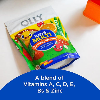 OLLY Kids Immunity Gummy, Immune Support, Wellmune, Elderberry, Vitamin C, Zinc, Chewable Supplement, Cherry - 50 Count & Kids Multivitamin Gummy Worms, Overall Health and Immune Support