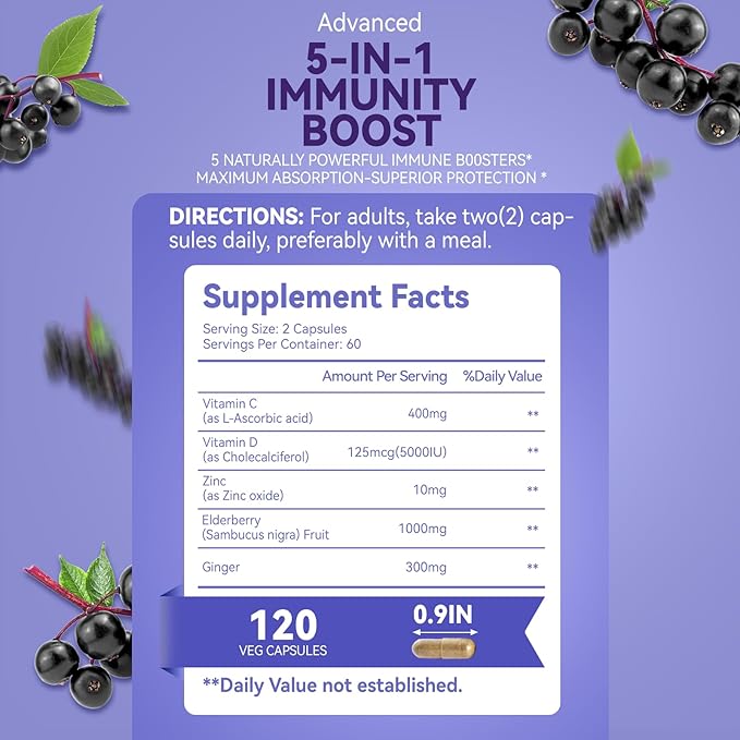 Sambucus Elderberry with Zinc & Vitamin C - 5 in 1 Immune Support Supplement, Non-GMO, 120 Vegetarian Capsules, 2 Months Supply