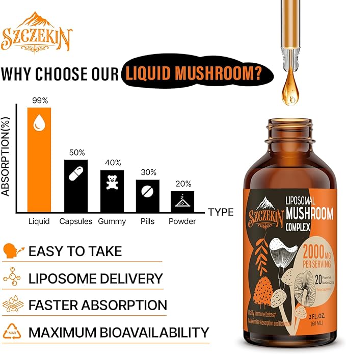 Liposomal Mushroom Complex Drops 2000 MG - 20 Organic Mushroom Extracts - Advanced Liquid Formula for Immunity, Cognitive and Memory - Lions Mane Supplement, Reishi, Cordyceps, Chaga, 90 Servings