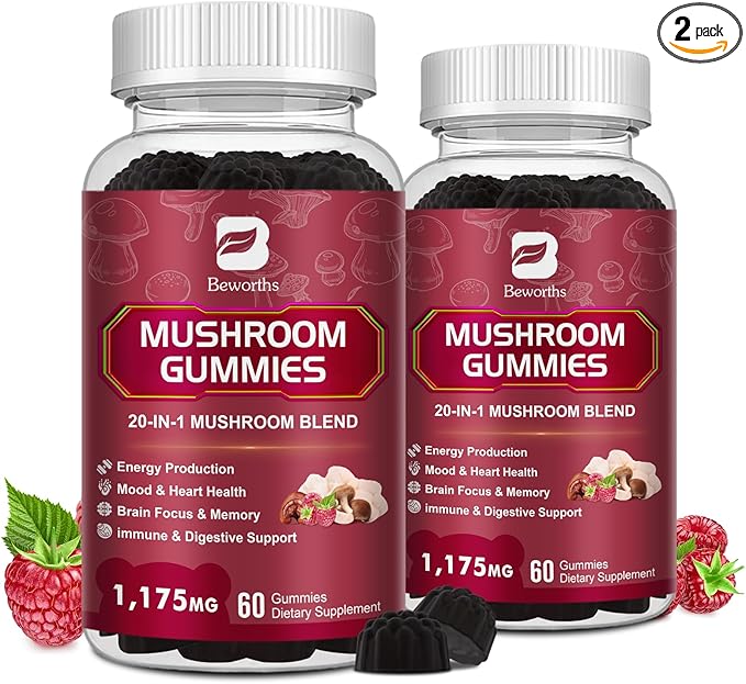 (2 Pack Mushroom Complex Gummies with Lions Mane, 20-in-1 Comprehensive Mushroom Supplement for Brain Health, Focus & Clarity, Vegan, Non-GMO, Raspberry Flavor, 120 Gummies