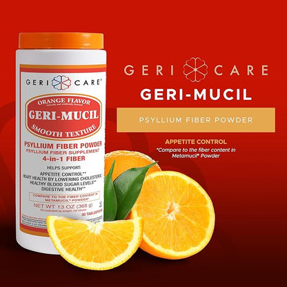 Geri-Mucil Psyllium Powder By GeriCare|4-In-1 Orange-Flavor Psyllium Husk Powder| Daily Fiber Supplement| Sweetened Gluten-Free Fiber Drink Mix| Water-Soluble Husk Fiber Powder For Bowel Movement|13oz