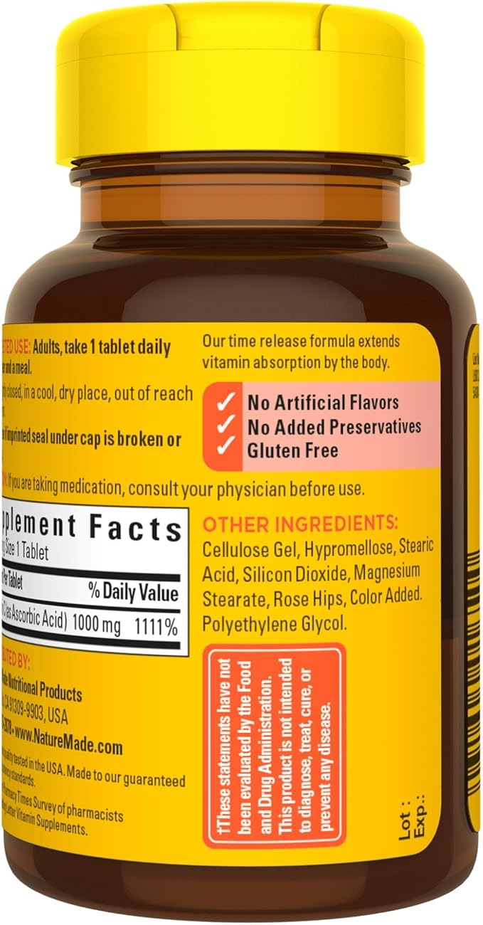Nature Made Vitamin C 1000 mg Time Release Tablets with Rose Hips, 60 Count to Help Support the Immune System