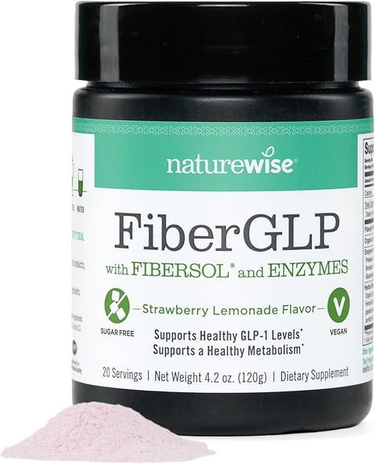 NatureWise FiberGLP Powder - High Fiber GLP-1 Supplement - Supports GLP-1 Levels & Satiety* with Clinically Proven Fibersol® - Vegan & Sugar Free - Strawberry Lemonade Flavor - 4 oz[20 Servings]