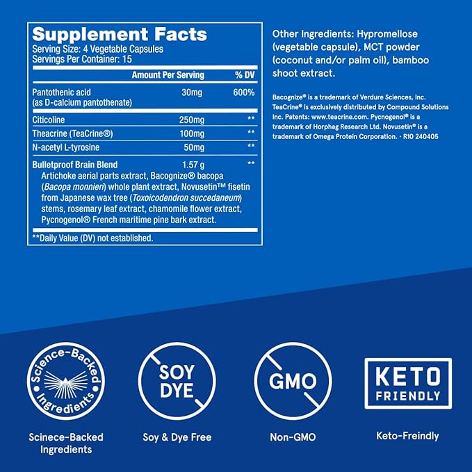 Bulletproof Clarity & Focus Capsules, 60 Count, Caffeine-Free Supplement to Promote Mental Clarity and Alertness, Formerly Named Smart Mode, Packaging May Vary
