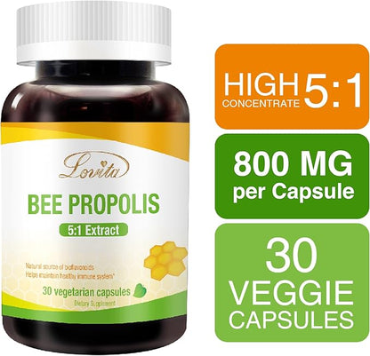 Lovita Propolis Capsule | 800mg, 5:1 Concentration | Natural Bee Propolis Extract | 30 Vegetarian Bee Propolis Capsules (Pack of 3/3 Months Supply)
