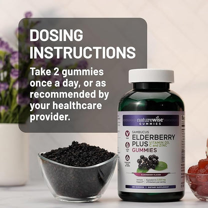NatureWise Sambucus Elderberry Gummies - Immune Support Supplement for Kids Ages 4+ & Adults with Vitamin C, D3, Zinc - Elderberries Equivalent to 3520mg - Vegan, Non-GMO - 180 Count[90-Day Supply]