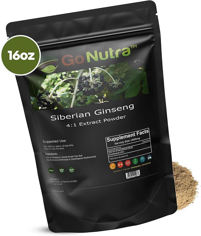 Go Nutra Siberian Ginseng Powder 4:1 Extract 4X Times Stronger Non-GMO 1lb (16 oz) Eleuthero Root