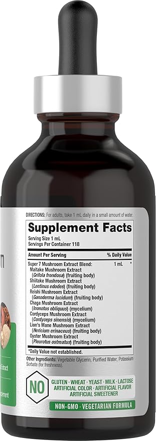 Horbäach Mushroom Complex Liquid Extract | 4 FL Oz Tincture Drops | 7 Premium Mushrooms | Maitake, Shiitake, Reishi, Chaga, Cordyceps, Lion's Mane & Oyster Mushrooms | Vegetarian, Non-GMO, Gluten Free