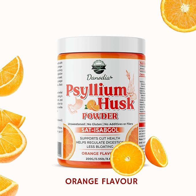 Danodia Foods Organic Psyllium Husk Powder Mild Orange Flavor, 200g (8.8oz) | Sat-Isabgol with 5 Added Herbs | Unsweetened, Gluten-Free, Natural Fiber Supplement for Digestive Health
