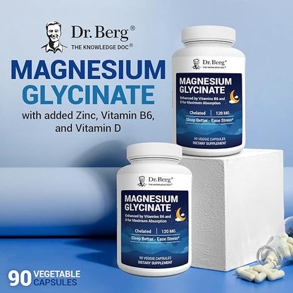 Dr. Berg Magnesium Glycinate with Vitamin D, B6 & Zinc for Stress Relief, Calm, Relaxation, & Good Sleep* - 120 mg Per Magnesium Supplement Capsule - Chelated Magnesium Glycinate - 90 Caps