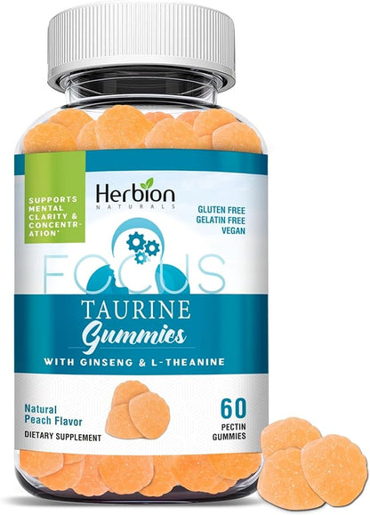 HERBION Naturals Taurine Gummies with Ginseng, L-Theanine, Vitamin C, B3, B6, & B12, Support Mental Clarity & Concentration*, Natural Peach Flavor, Gluten-Free, USA Made, 60 Gummies