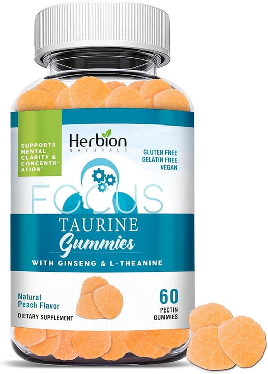 HERBION Naturals Taurine Gummies with Ginseng, L-Theanine, Vitamin C, B3, B6, & B12, Support Mental Clarity & Concentration*, Natural Peach Flavor, Gluten-Free, USA Made, 60 Gummies