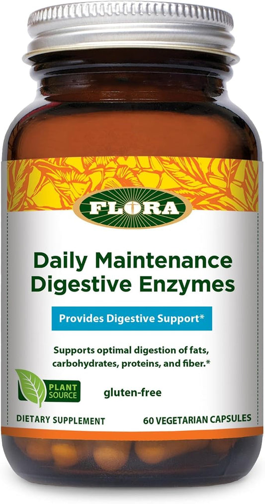 Flora Daily Maintenance Digestive Enzymes - Contains 7 Enzymes for Digestive Health Support - Aids Gas & Bloating - Non-GMO & Gluten-Free - 60 Vegetarian Capsules