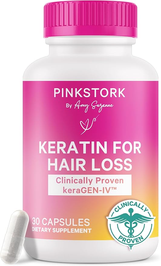 Pink Stork Keratin Hair Loss Supplement for Women - Clinically Studied KeraGEN-IV for Hair Care, Thinning, Shedding and Beauty - Hair Skin and Nails Support - Postpartum Hair Growth - 30 Capsules