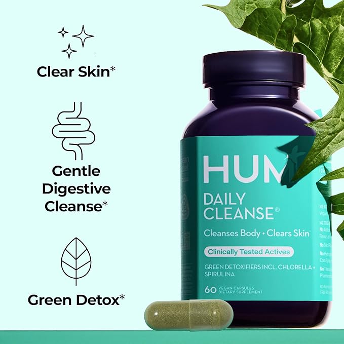 HUM Daily Cleanse Acne Supplement - Gut Cleanse Detox for Clear Skin with Organic Algae, Detoxifying Herbs, Zinc & Spirulina | Clear Skin Supplement (60 Capsules)