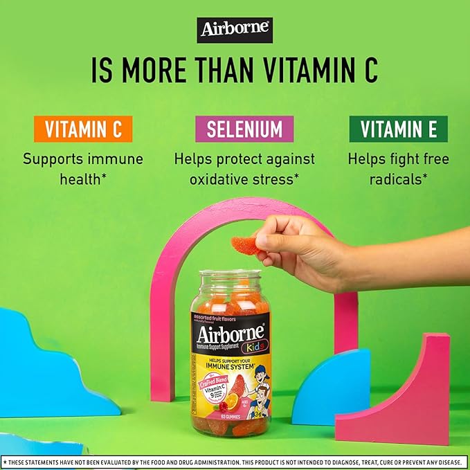 Airborne Kids 500mg Vitamin C Gummies, Kids Immune Support Zinc Gummies with Powerful Antioxidants VIT C & E - 63 Gummies, Assorted Fruit Flavor (Pack of 3)