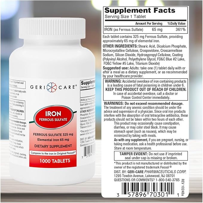 GeriCare Ferrous Sulfate Tablets 325mg, Elemental Iron 65 mg High Potency Iron Supplement | Dietary Supplement 1000 Count. (Pack of 1)