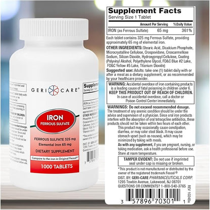 GeriCare Ferrous Sulfate Tablets 325mg, Elemental Iron 65 mg High Potency Iron Supplement | Dietary Supplement 1000 Count. (Pack of 1)