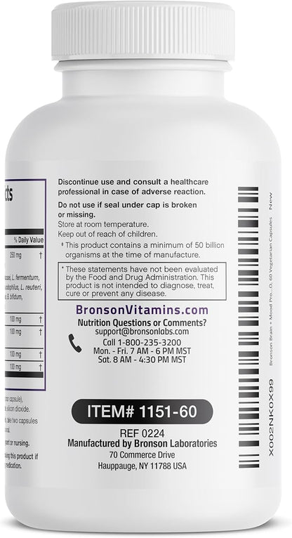 Bronson Brain + Mood Probiotic 50 Billion CFU Plus Prebiotic with L-Theanine, Bacopa and Rhodiola Non-GMO, 60 Vegetarian Capsules