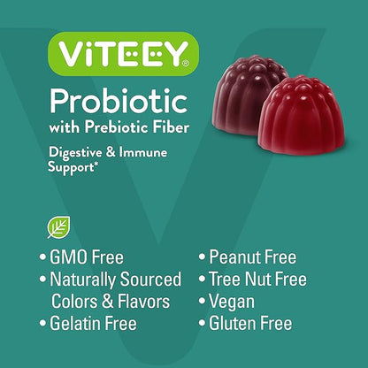 Viteey Probiotic Gummies with Prebiotics – Gut Health Supplements for Digestive Health – 2 Billion CFUs – Vegan, Gluten-Free – 60 Count