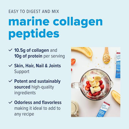 Just Bjorn Marine Collagen Peptides Powder On-The-Go Stick Packs - Collagen Powder for Women & Men - Skin, Hair, Nail & Joint Support - Hyaluronic Acid, Vitamin C, Amino Acids - Unflavored (10 Pack)