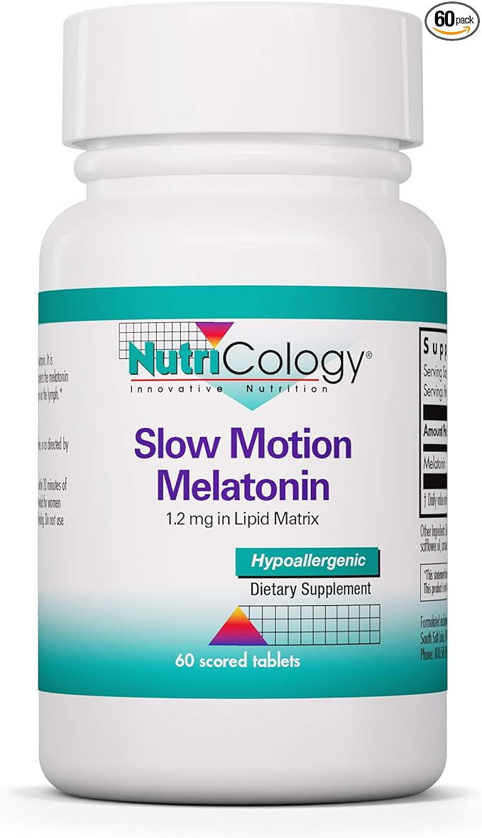 Nutricology Slow Motion Melatonin - Sleep Aid, Low Dose, Lipid Matrix, 1mg Supplement, Pure, Hypoallergenic, Scored Tablets - 60 Count