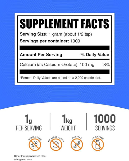 BulkSupplements.com Calcium Orotate Powder - Calcium Orotate Supplement, High Bioavailability - Unflavored & Gluten Free, 1g per Serving, 1kg (2.2 lbs) (Pack of 1)