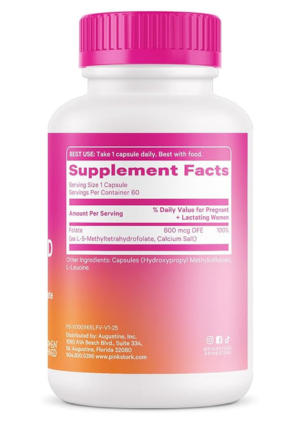 Pink Stork Folate: Methyl Folate - MTHFR Acid, Natural Form of Folic Acid for Pregnancy, Formulated for Mom + Baby, Women-Owned, 60 Capsules (Packaging May Vary)