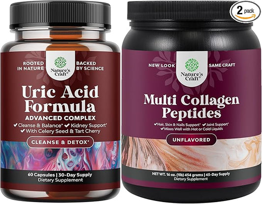 Natures Craft Bundle of Uric Acid Vitamins and Hydrolyzed Collagen Peptides Protein Powder - Provides Support for Muscle Recovery and Kidney Support - Provides Vitamins for Faster Hair Growth