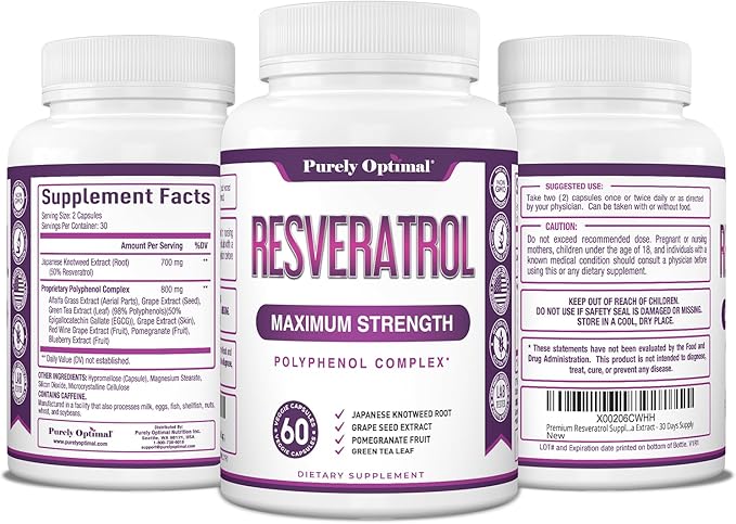 Purely Optimal Resveratrol 1500mg - High Potency Trans-Resveratrol Supplement with Polyphenols, 60 Vegan Capsules - Supports Graceful Aging, Vitality, Immune Function & Total Body Wellness