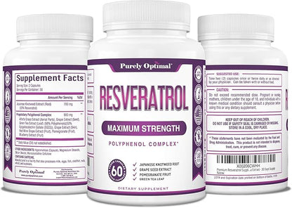 Purely Optimal Resveratrol 1500mg - High Potency Trans-Resveratrol Supplement with Polyphenols, 60 Vegan Capsules - Supports Graceful Aging, Vitality, Immune Function & Total Body Wellness