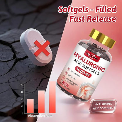 Hyaluronic Acid Supplements 1000mg Softgels: Joint Supplements for Men Hyaluronic Acid for Skin & Joint Hydration Non-GMO and Gluten Free