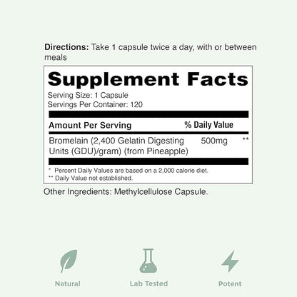 Yuve High Potency Bromelain 500mg 2400GDU Digestive Enzymes - Gut & Joint Health from Pineapple - Helps Digesting Proteins - Plant-Based, Non-GMO, 3rd Party Tested - 120 Capsules