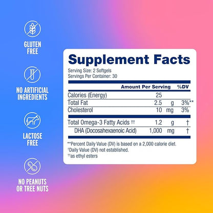 Oceanblue Essentials Brain Fuel – 60ct – Burpless Fish Oil – High Potency Omega 3 DHA Supplement for Brain and Eye Support –1000 mg – Tasty Orange Flavor – 1 Month Supply