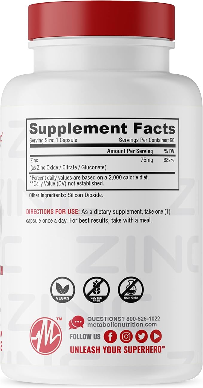 Zinc Supplement by Metabolic Nutrition, 75mg, 90 Zinc Capsules, Supports Immune System Function w/Zinc Oxide