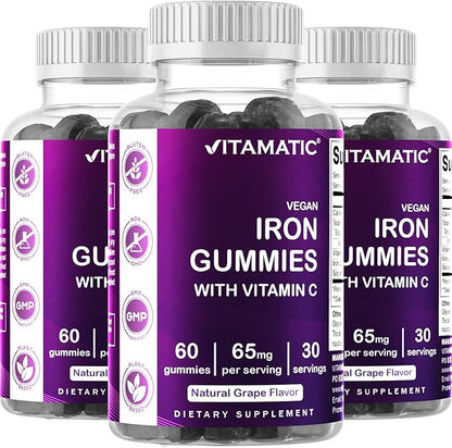 Vitamatic Iron 65 mg Gummies Supplement for Women & Men - 60 Vegan Gummies - Great Tasting Iron Gummy Vitamins with Vitamin C (3)