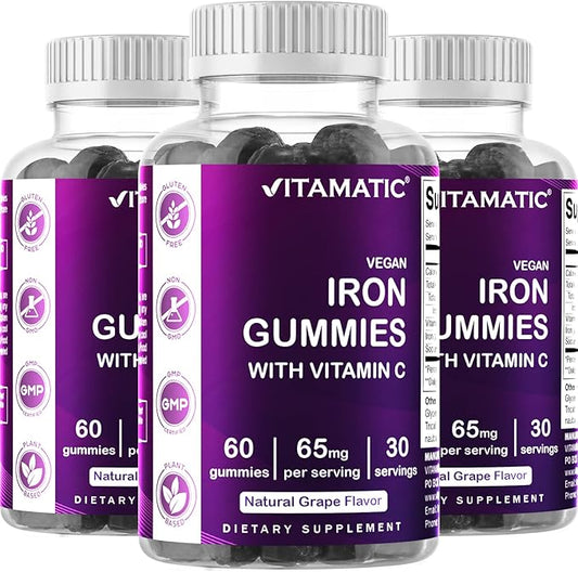 Vitamatic Iron 65 mg Gummies Supplement for Women & Men - 60 Vegan Gummies - Great Tasting Iron Gummy Vitamins with Vitamin C (3)