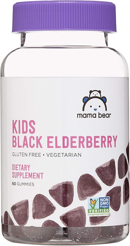 Amazon Brand - Mama Bear Vegetarian Kids Black Elderberry Gummies 300 mg with Vitamins C, D, E and Zinc, Immune System Support, 60 Count (1 to 2 Month Supply), Non-GMO, Gluten Free, elderberry gummies