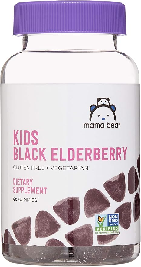Amazon Brand - Mama Bear Vegetarian Kids Black Elderberry Gummies 300 mg with Vitamins C, D, E and Zinc, Immune System Support, 60 Count (1 to 2 Month Supply), Non-GMO, Gluten Free, elderberry gummies