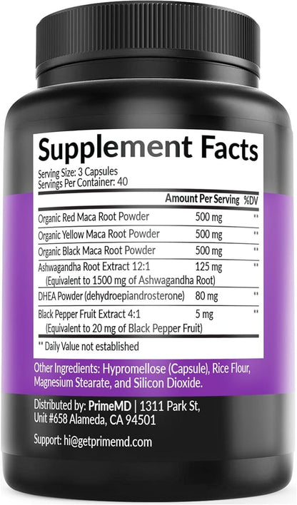 6-in-1 Organic Maca Root Ashwagandha Capsules 1710mg with DHEA and Black Pepper Fruit Extract for Women and Men - Black Maca Supplement for Stamina, Bone and Mood Support Supplement, 120 count