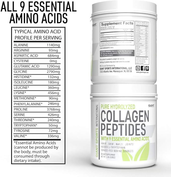 Giant Sports Collagen Peptide Powder - Hydrolyzed Complete All Essential Amino Acids with L-Tryptophan, Great for Skin, Hair, Nails, Bones, Joints - Grass Fed Pasture Raised Type 1 Type 3-1 LB