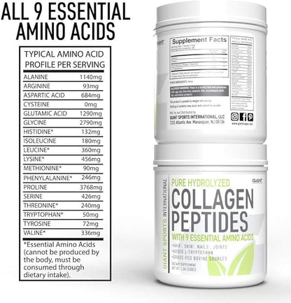 Giant Sports Collagen Peptide Powder - Hydrolyzed Complete All Essential Amino Acids with L-Tryptophan, Great for Skin, Hair, Nails, Bones, Joints - Grass Fed Pasture Raised Type 1 Type 3-1 LB