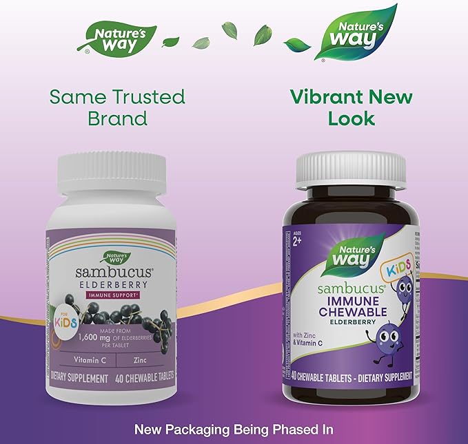Nature's Way Sambucus Immune Chewable for Kids, Elderberry, Ages 2+, Immune Support*, Vitamins C & A, Zinc, Gluten Free, 40 Chewable Tablets (Packaging May Vary)