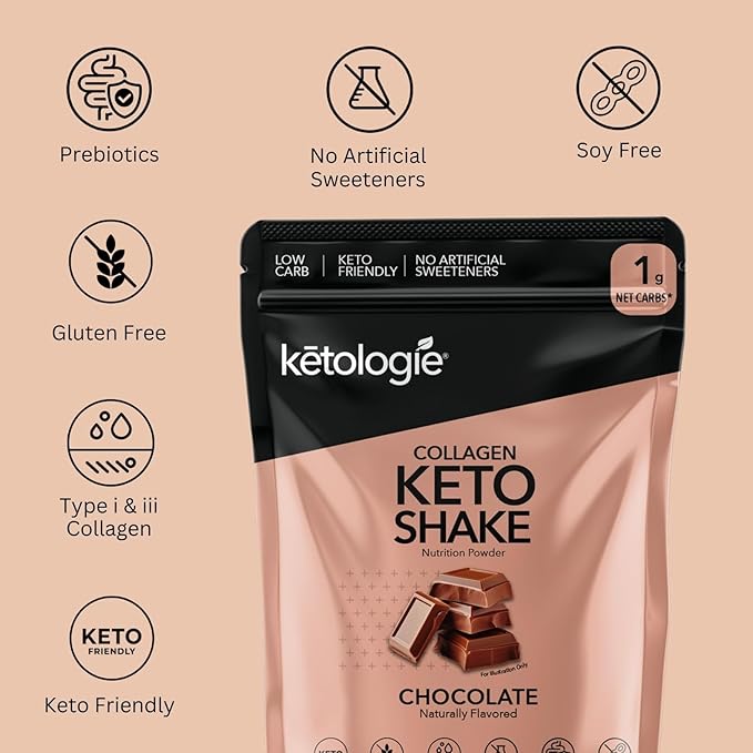 Keto Collagen Shake (Chocolate) - with Coconut Oil, Prebiotics, Grass Fed Hydrolyzed Collagen Peptides Type I & III, Low Carb, Gluten Free,1.78lbs. (810g)
