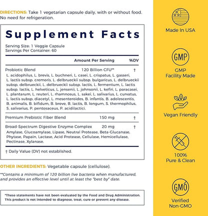 NewRhythm Probiotics 120 Billion CFU 36 Strains, 3-in-1 Probiotics for Digestive Health & Immune Support with Prebiotics & Enzymes, Probioticos for Women & Men, Targeted Release, 60 Veggie Caps