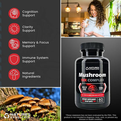 Mushroom Complex Supplement - Natural Brain Nootropic for Cognitive Wellness, Clarity, Focus, Memory & Immune System Support, 10 Mushroom Cordyceps, Reishi, Lions Mane, Turkey Tail