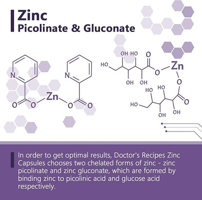 Doctor’s Recipes Zinc Capsules 50 mg from Highly Absorbable Zinc Picolinate & Gluconate, Supports Natural Immune Defense, DNA & Protein Formation, Cell Growth, Non-GMO No Dairy 90 Veggie Caps